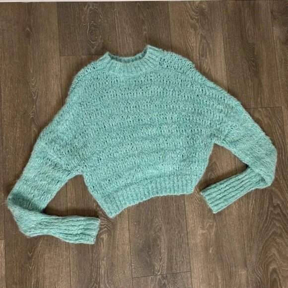 Aritzia Wilfred Lune Sweater Knit Cropped Crewneck Wool Oceanic Teal blue XS - Picture 11 of 14